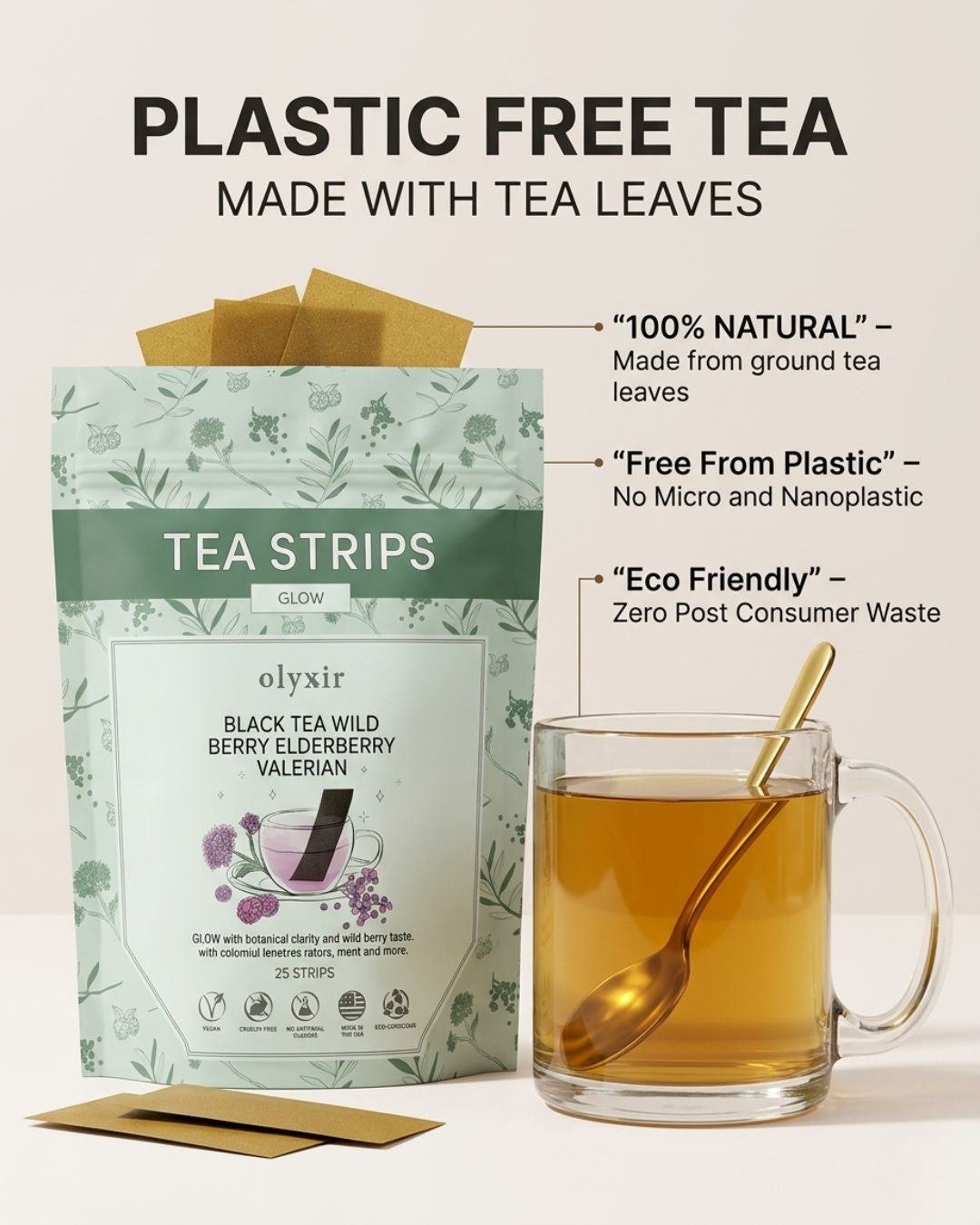 Glow Tea Strips | Black Tea Wild Berry Elderberry Valerian | Makes 25 Cups of Tea
