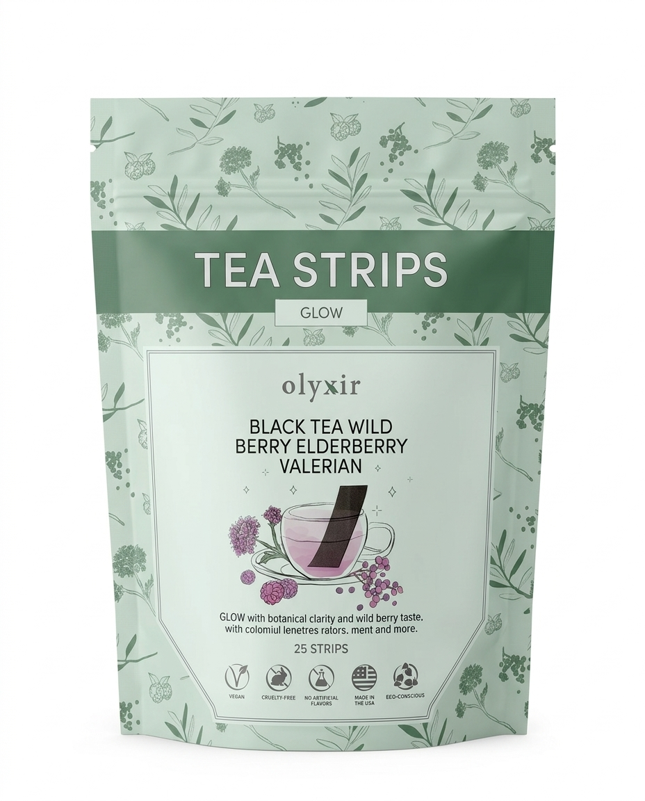 Glow Tea Strips | Black Tea Wild Berry Elderberry Valerian | Makes 25 Cups of Tea