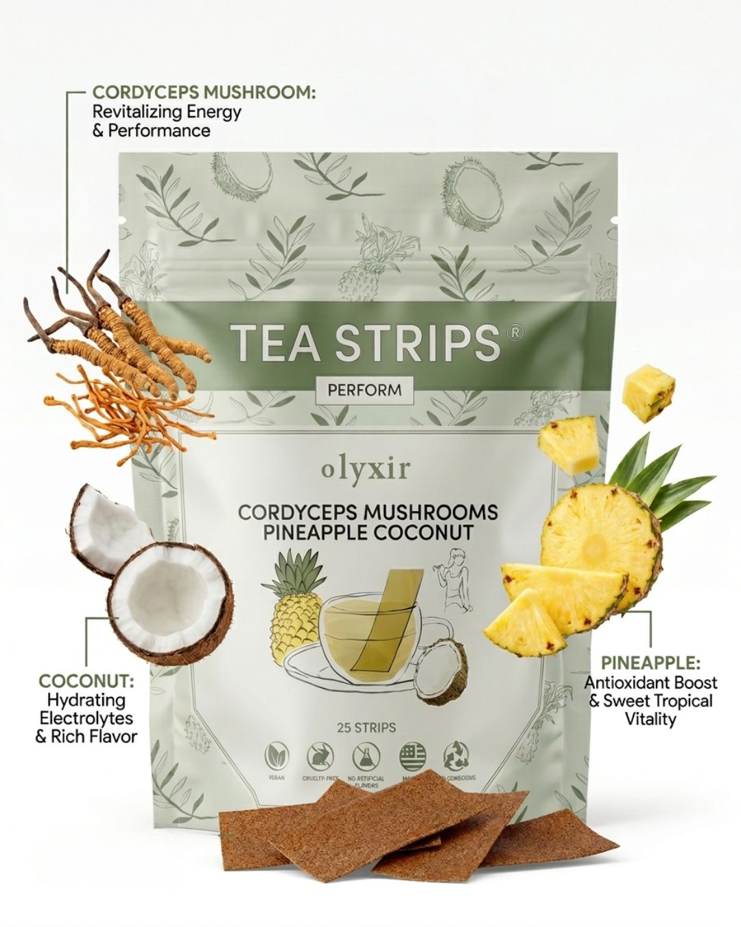 Perform Tea Strips | Cordyceps Mushrooms Pineapple Coconut Tea Strips | Makes 25 Cups of Tea