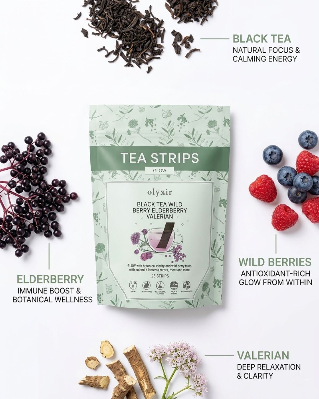 Glow Tea Strips | Black Tea Wild Berry Elderberry Valerian | Makes 25 Cups of Tea