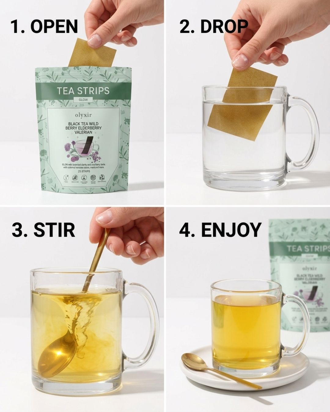 Glow Tea Strips | Black Tea Wild Berry Elderberry Valerian | Makes 25 Cups of Tea