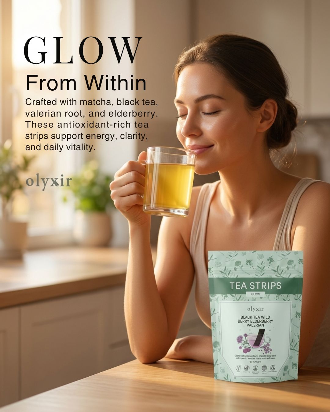Glow Tea Strips | Black Tea Wild Berry Elderberry Valerian | Makes 25 Cups of Tea