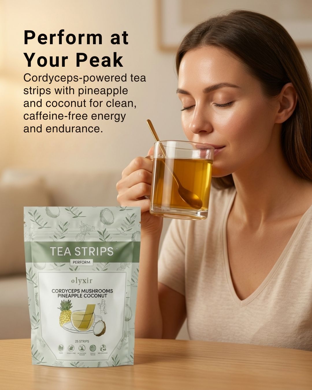 Perform Tea Strips | Cordyceps Mushrooms Pineapple Coconut Tea Strips | Makes 25 Cups of Tea