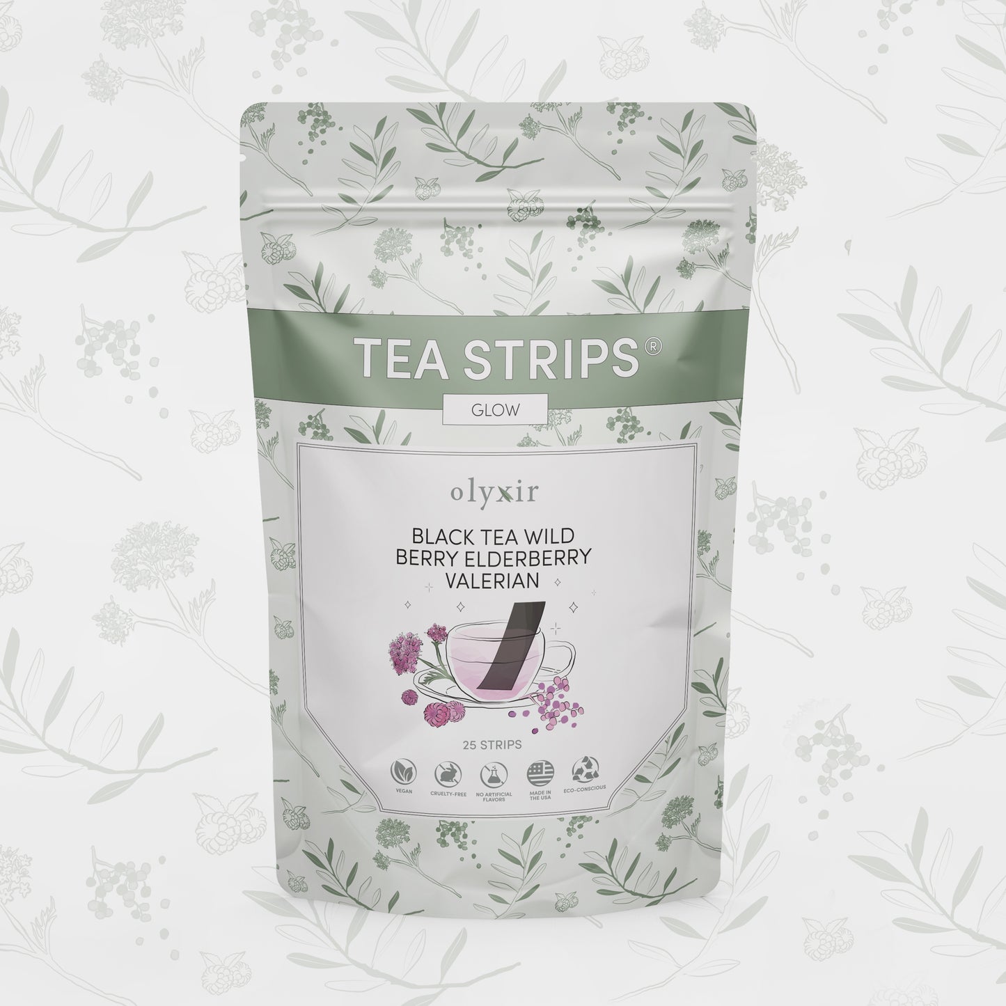 Glow Tea Strips | Black Tea Wild Berry Elderberry Valerian | 25 Servings
